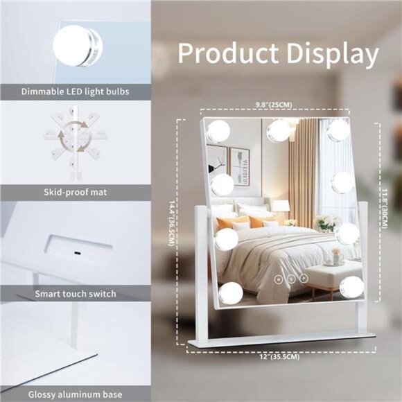 Vanity Mirror with Lights,Lighted Vanity Mirror with 9 Dimmable Bulbs - Picture 6 of 8